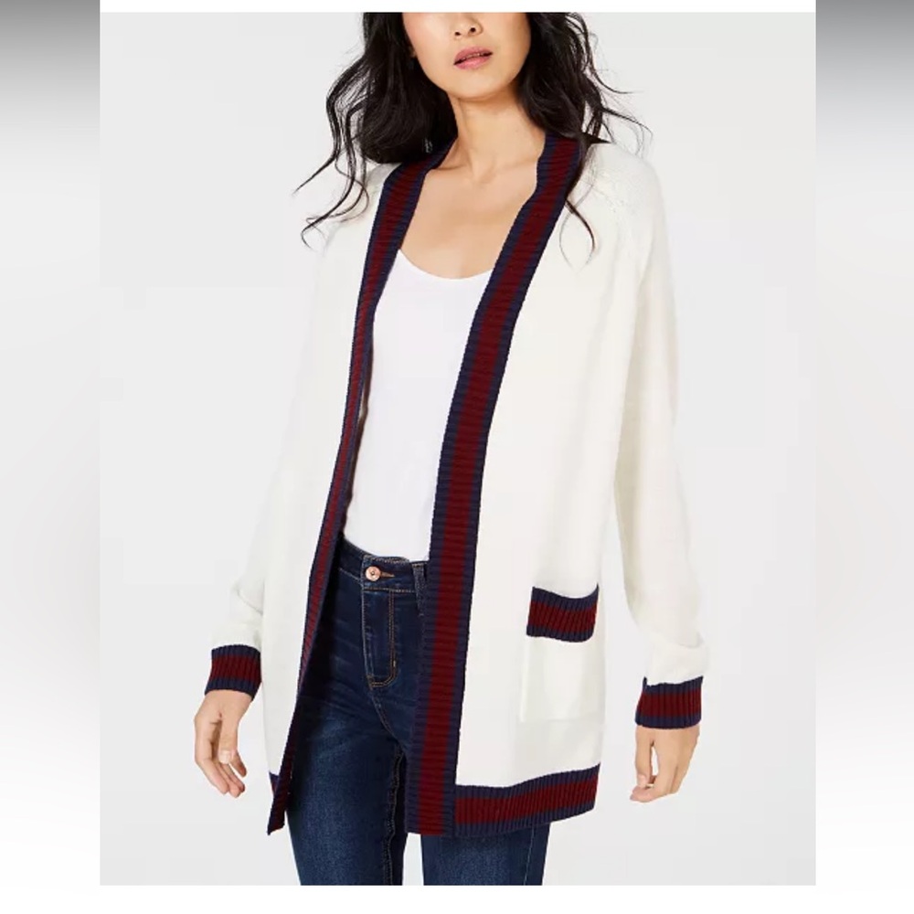Maison Jules Cream Cardigan with Red and Blue Accents
